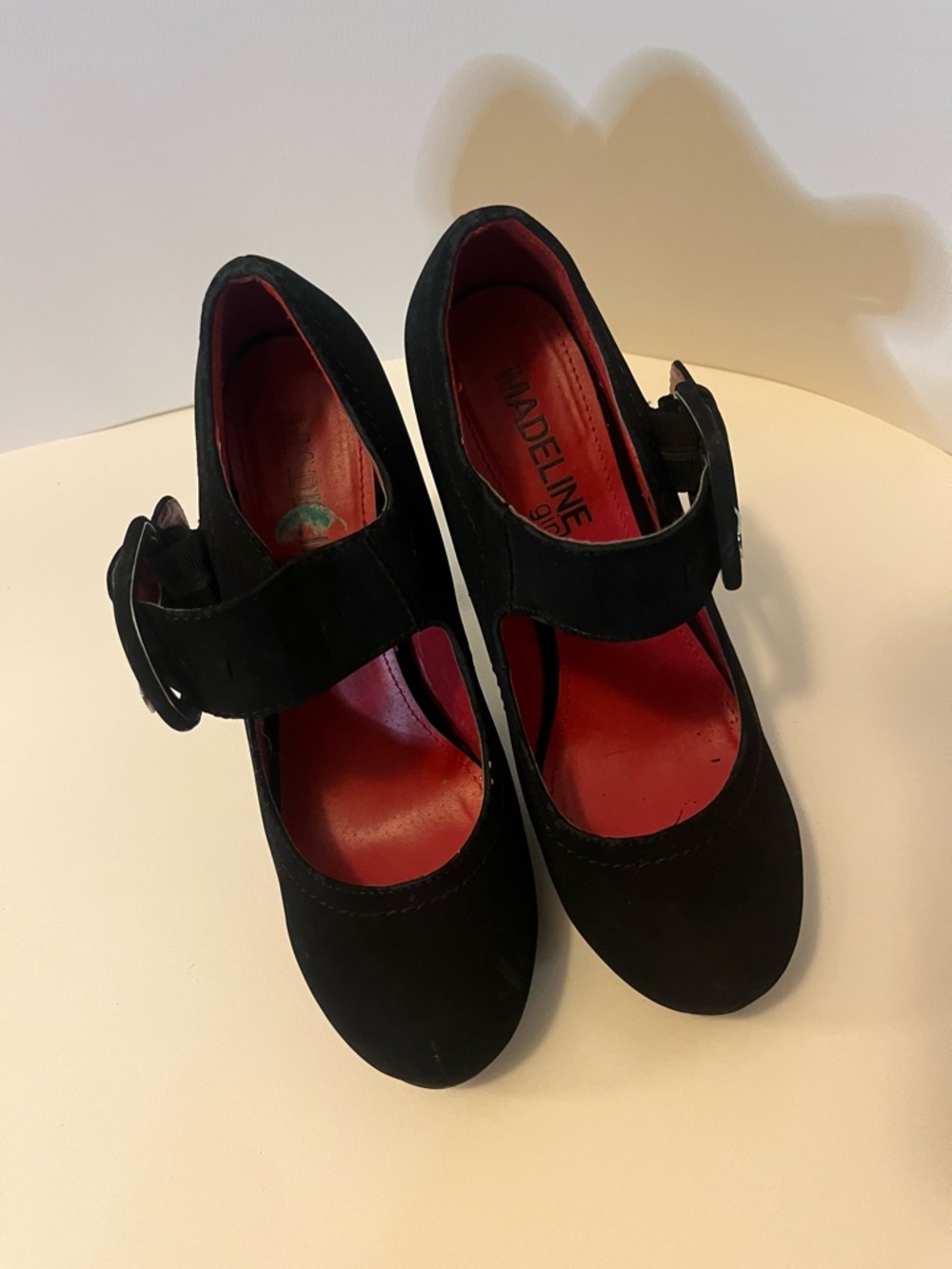 Madeline Black Suede Mary Jane Heels with Red Insole